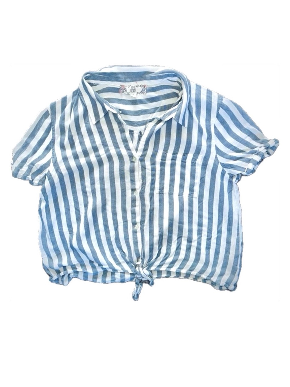 Blue White Striped Tie Front Crop Blouse Women Size L Pink Rose